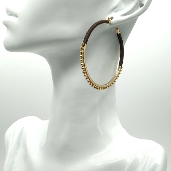 Large Gold-tone Beaded Brown Threaded Hoop Earrings NWOT - Picture 6 of 9